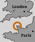 Where Nacqueville is (facing the Isle of Wight) in relation to London and Paris